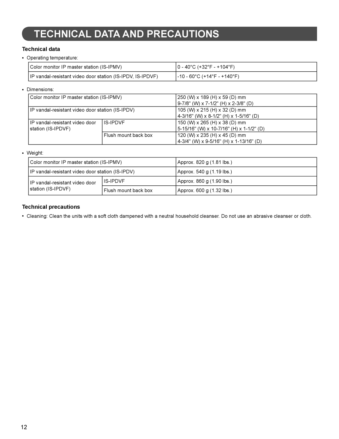 Aiphone FK1628 B P0811JZ installation manual Technical Data and Precautions, Technical data, Technical precautions 