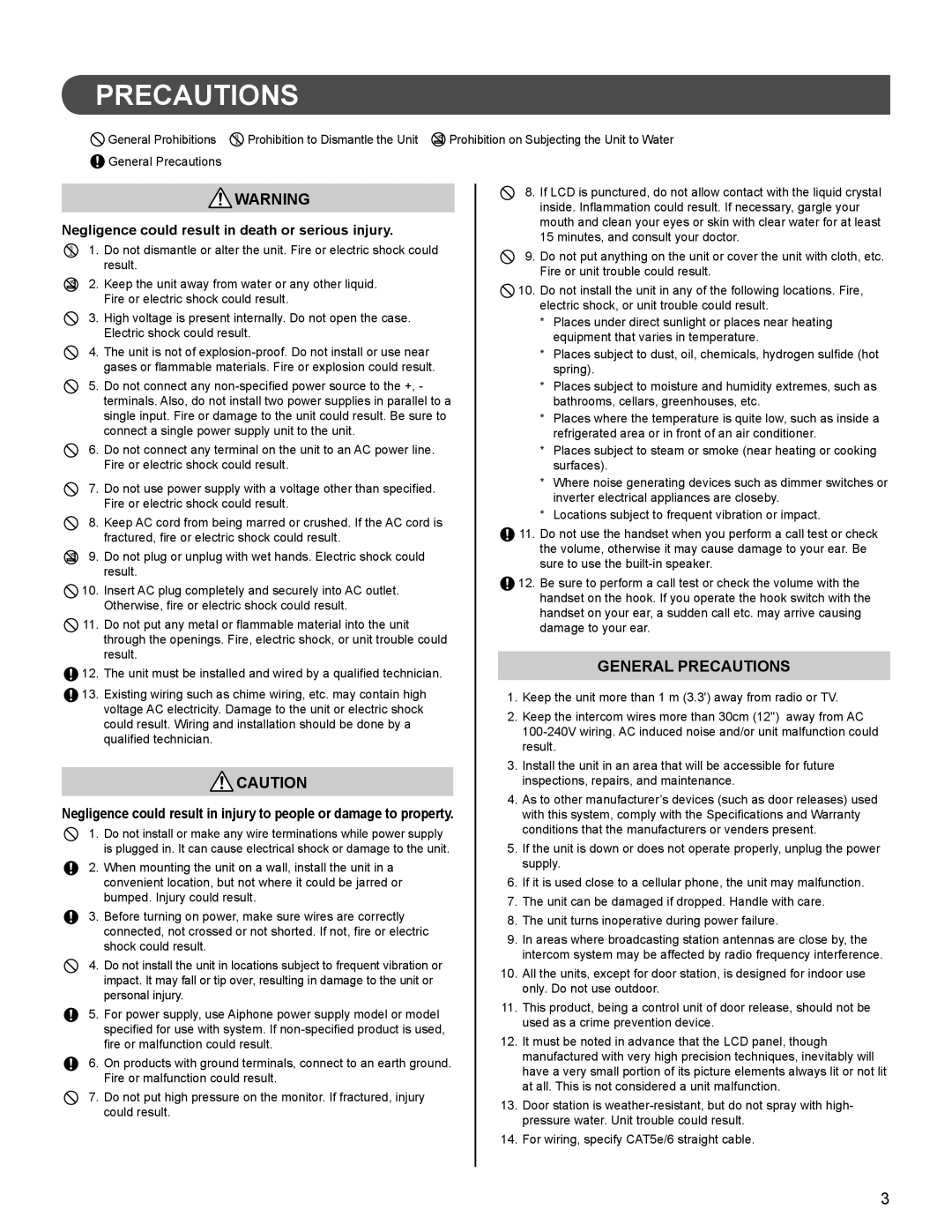 Aiphone FK1628 B P0811JZ installation manual Precautions, Negligence could result in death or serious injury 