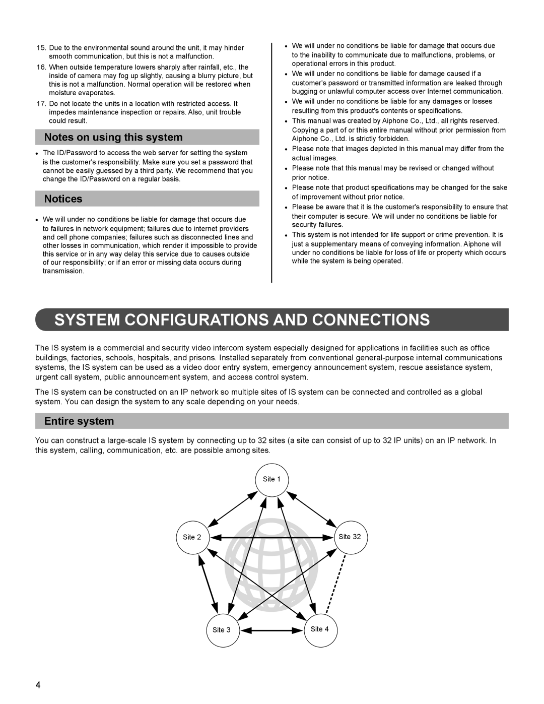 Aiphone FK1628 B P0811JZ installation manual System Configurations and Connections, Entire system 