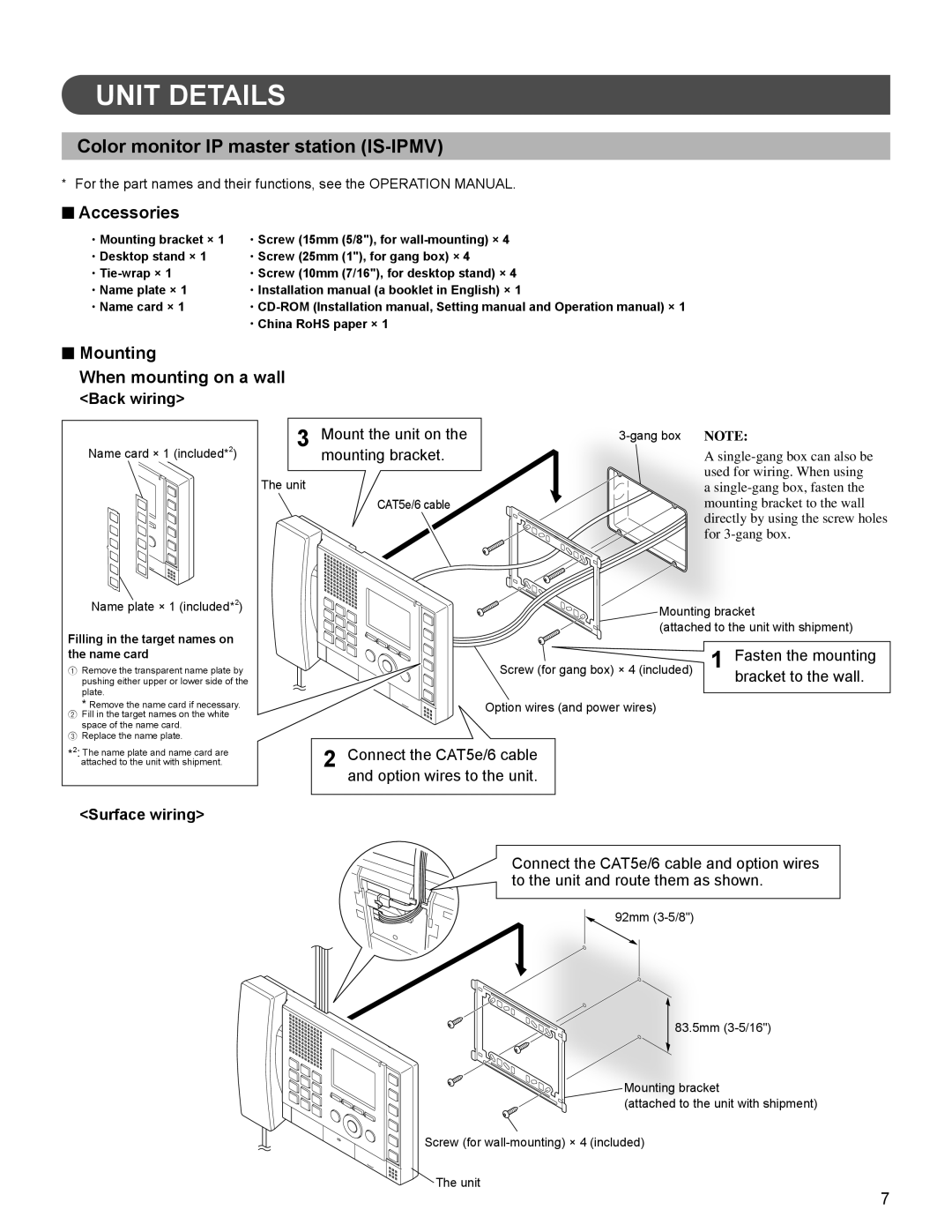 Aiphone FK1628 B P0811JZ installation manual Unit Details, Color monitor IP master station IS-IPMV, Accessories 