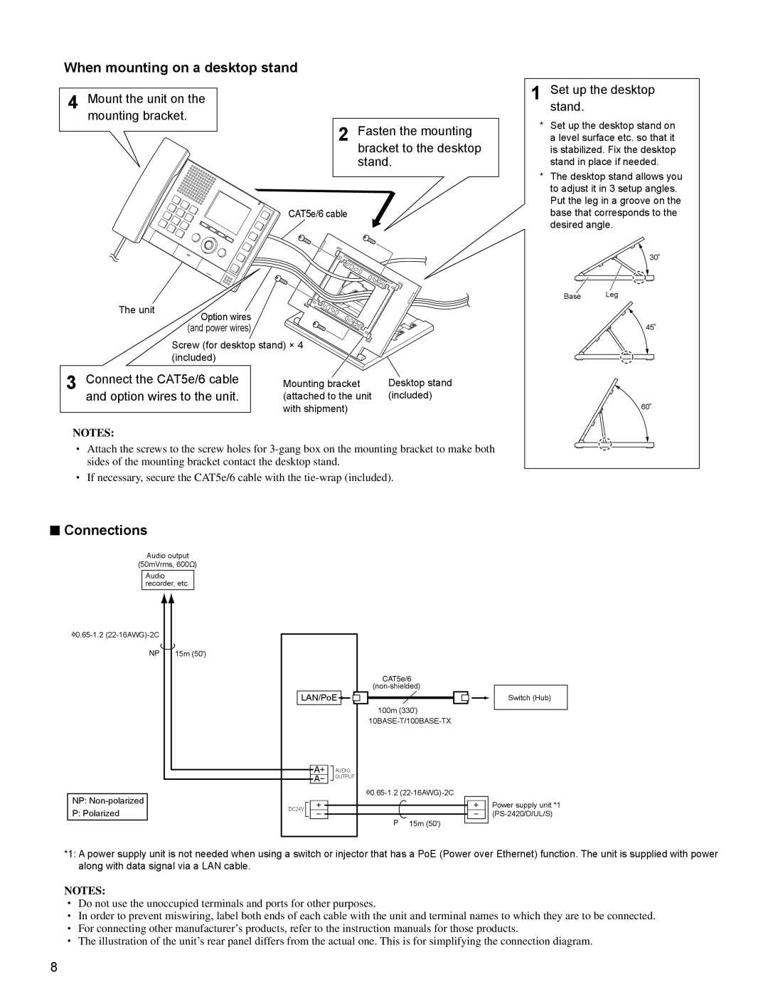 Aiphone FK1628 B P0811JZ installation manual When mounting on a desktop stand, Connections 