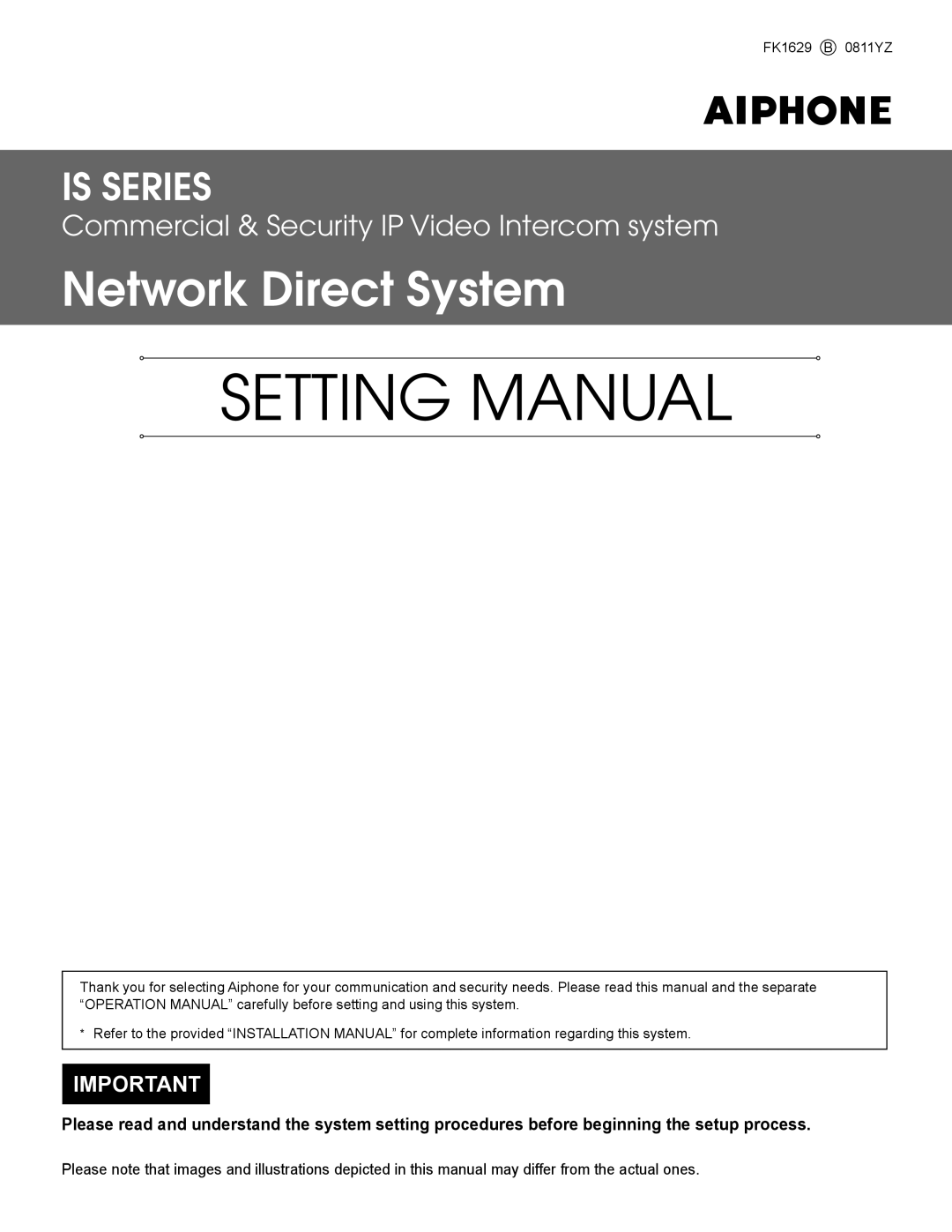 Aiphone FK1629 B 0811YZ operation manual Setting Manual 