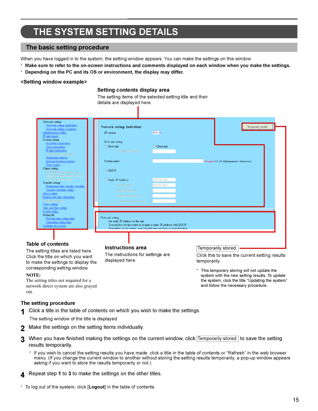 Aiphone FK1629 B 0811YZ operation manual System Setting Details, Basic setting procedure 