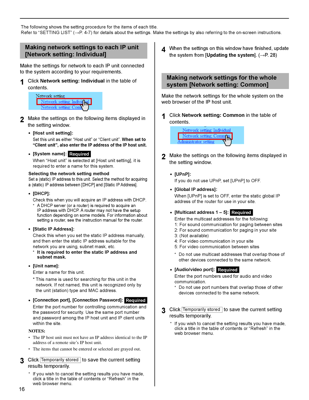 Aiphone FK1629 B 0811YZ Click Network setting Individual in the table, Click Network setting Common in the table 