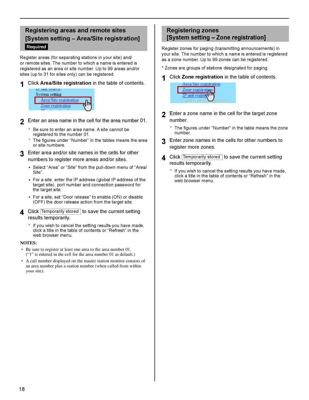 Aiphone FK1629 B 0811YZ operation manual Registering zones System setting Zone registration, Required 