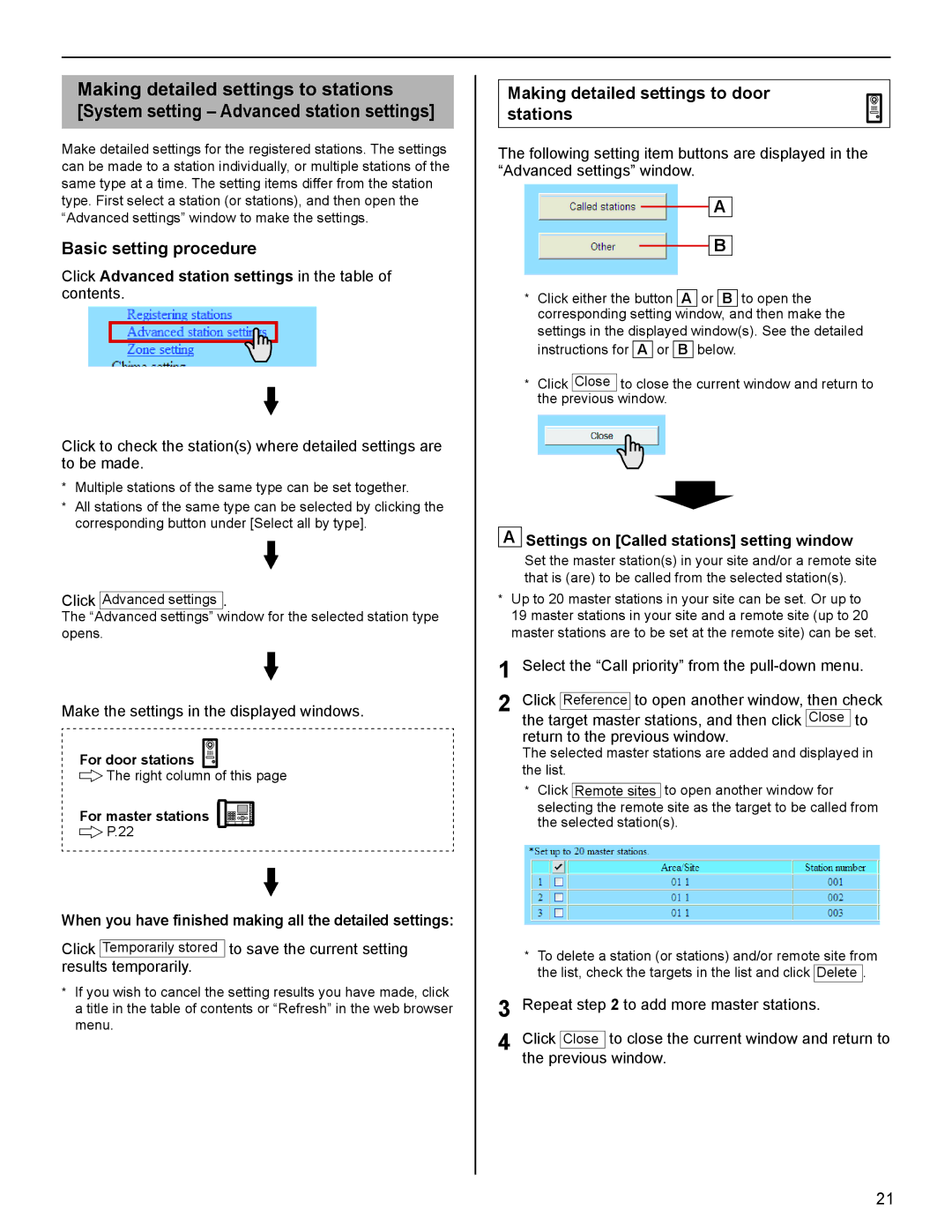 Aiphone FK1629 B 0811YZ operation manual Basic setting procedure, Making detailed settings to door stations 