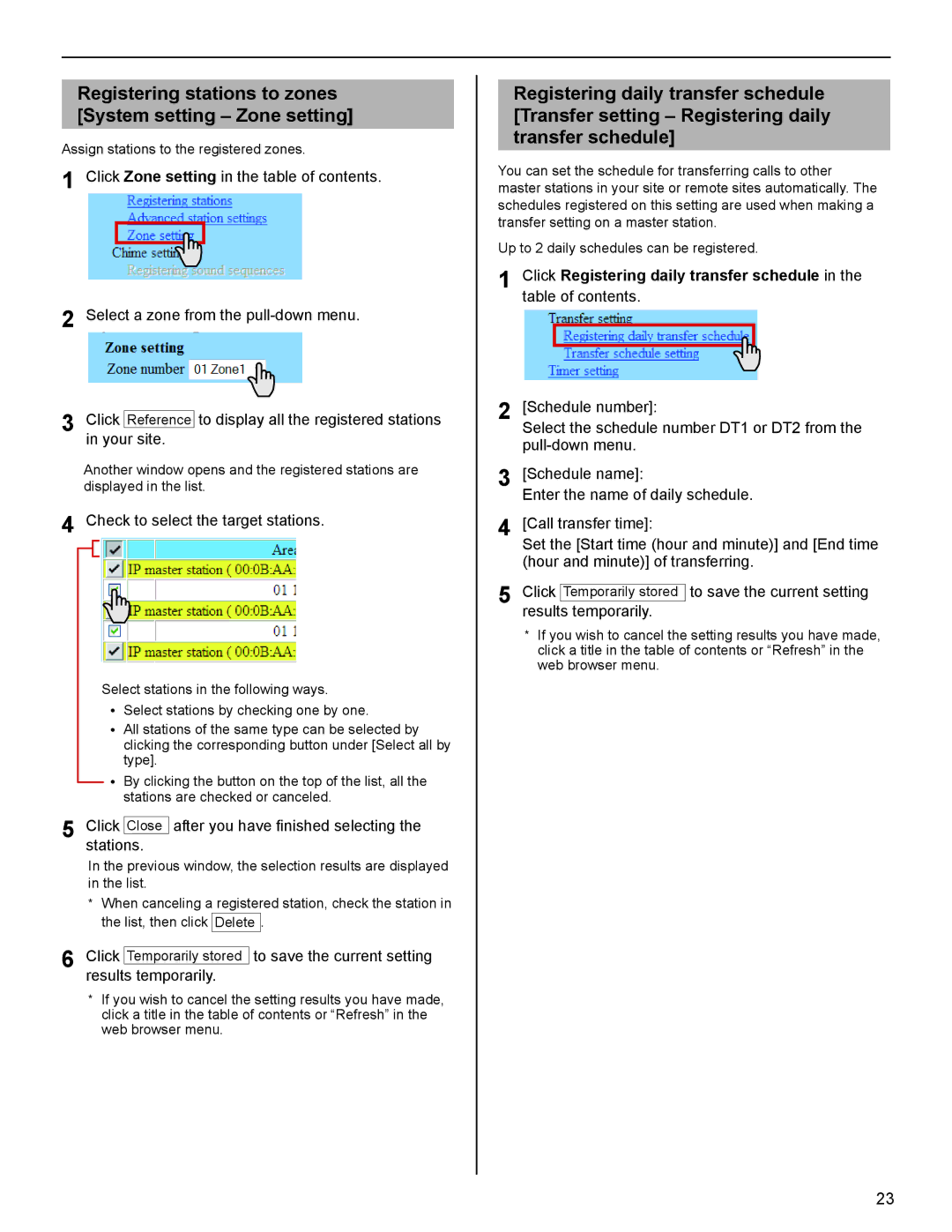 Aiphone FK1629 B 0811YZ Registering stations to zones System setting Zone setting, Check to select the target stations 