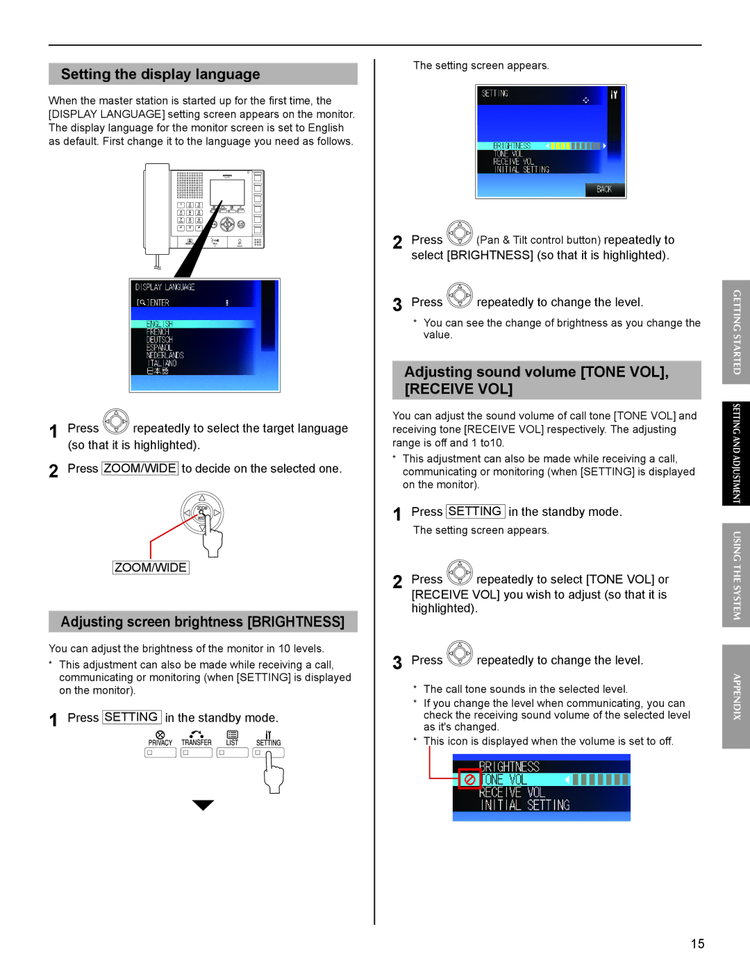 Aiphone FK1629 operation manual Adjusting screen brightness Brightness, Adjusting sound volume Tone VOL 