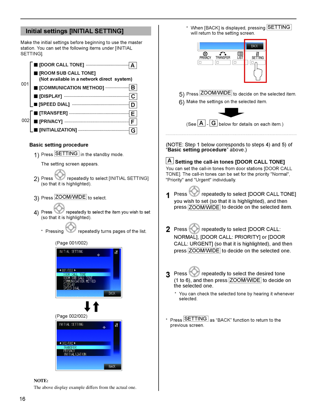 Aiphone FK1629 Initial settings Initial Setting, Basic setting procedure, Setting the call-in tones Door Call Tone 