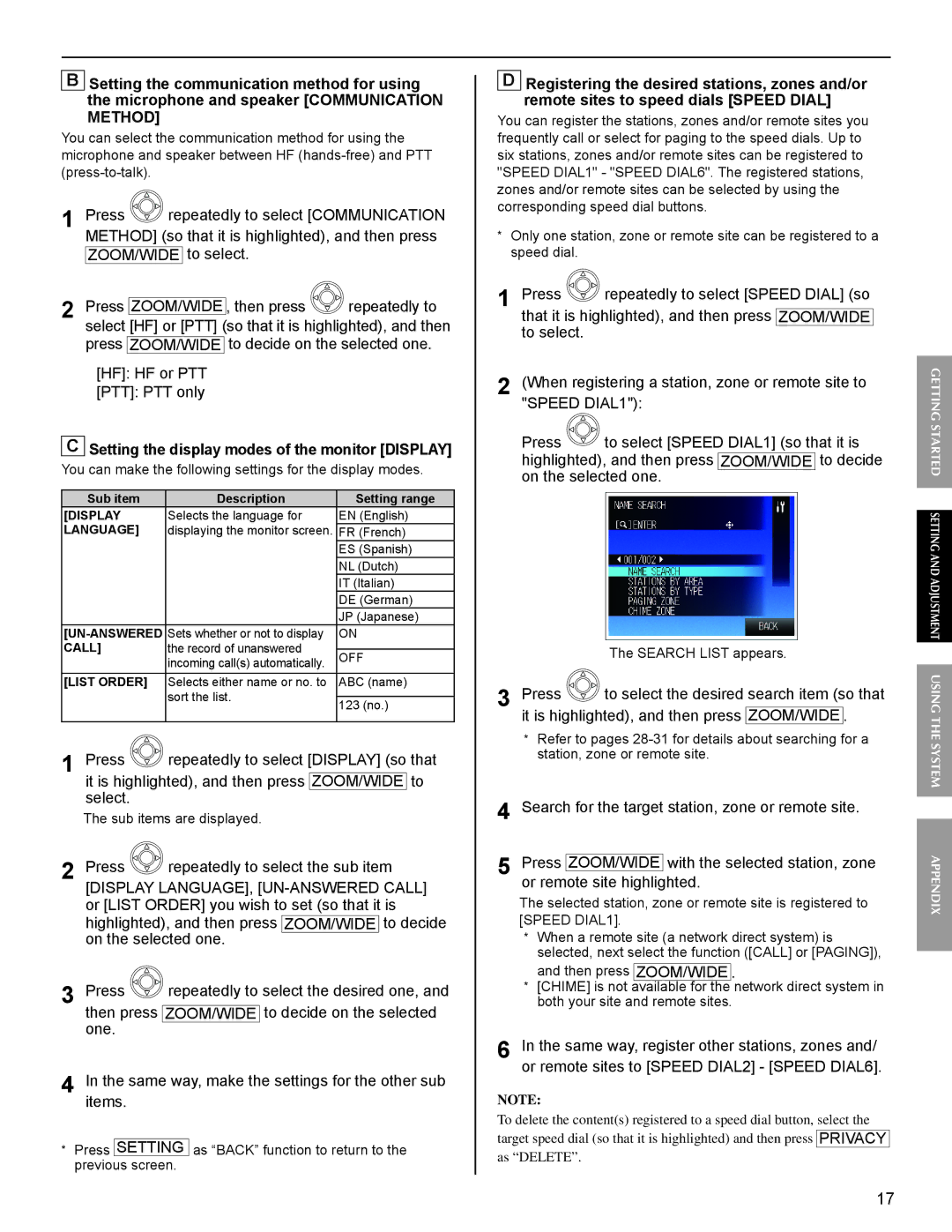 Aiphone FK1629 Setting the display modes of the monitor Display, Press to select the desired search item so that 