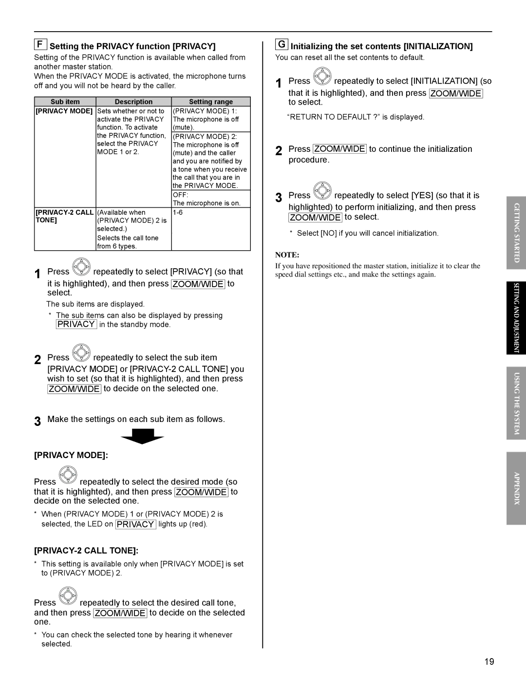 Aiphone FK1629 operation manual Setting the Privacy function Privacy, Initializing the set contents Initialization 