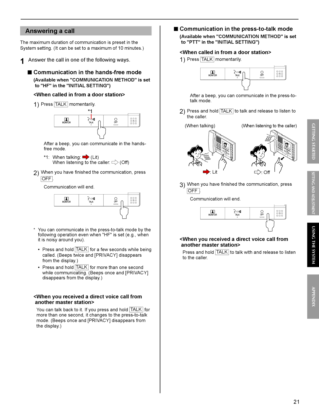 Aiphone FK1629 operation manual Communication in the hands-free mode, Communication in the press-to-talk mode 