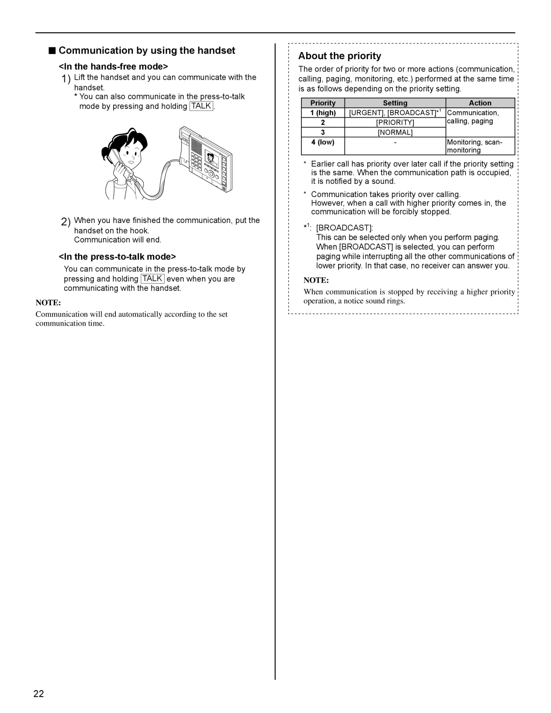 Aiphone FK1629 operation manual Communication by using the handset, About the priority, Hands-free mode, Press-to-talk mode 