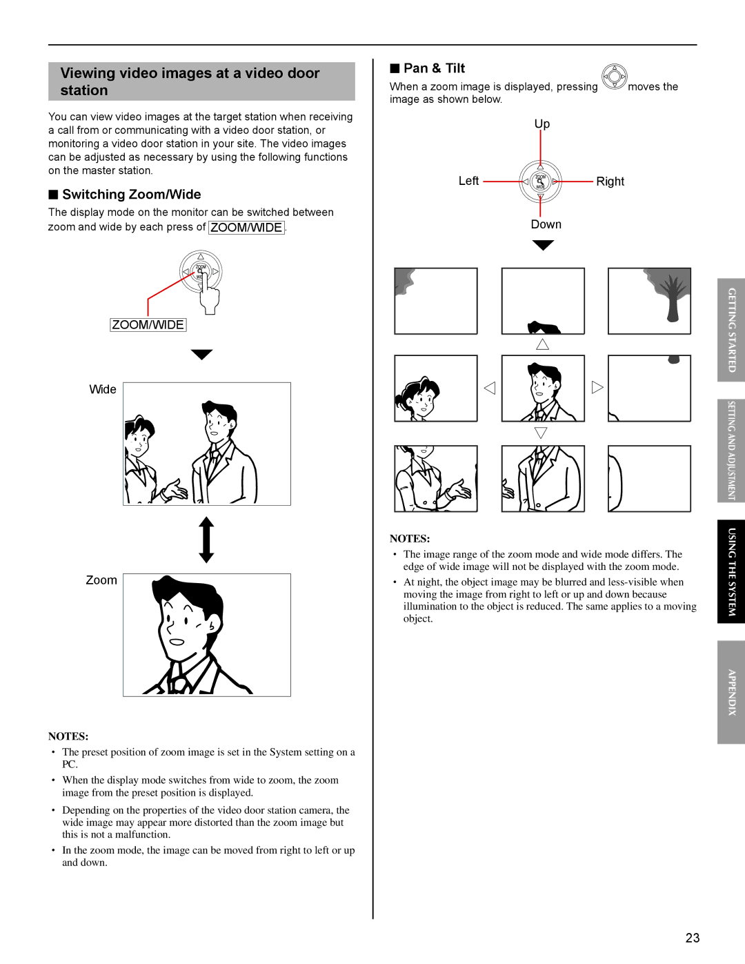 Aiphone FK1629 operation manual Switching Zoom/Wide, Pan & Tilt, Wide Zoom, Left Right Down 