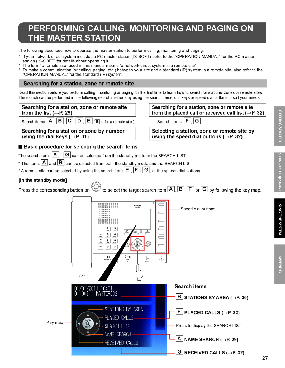 Aiphone FK1629 operation manual Search items, Standby mode, Placed Calls →P, Name Search →P 