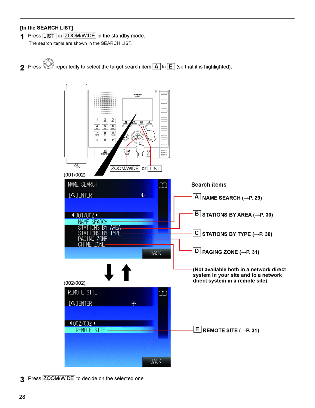 Aiphone FK1629 Search List, Paging Zone →P, System in your site and to a network, 002/002 Direct system in a remote site 