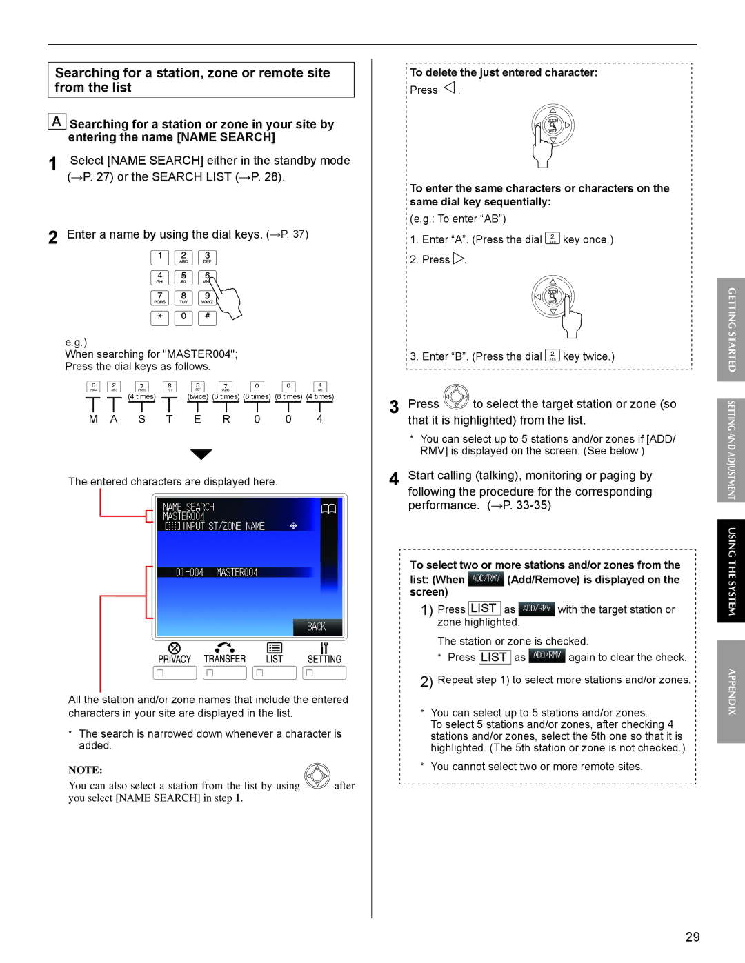 Aiphone FK1629 operation manual Searching for a station, zone or remote site from the list 