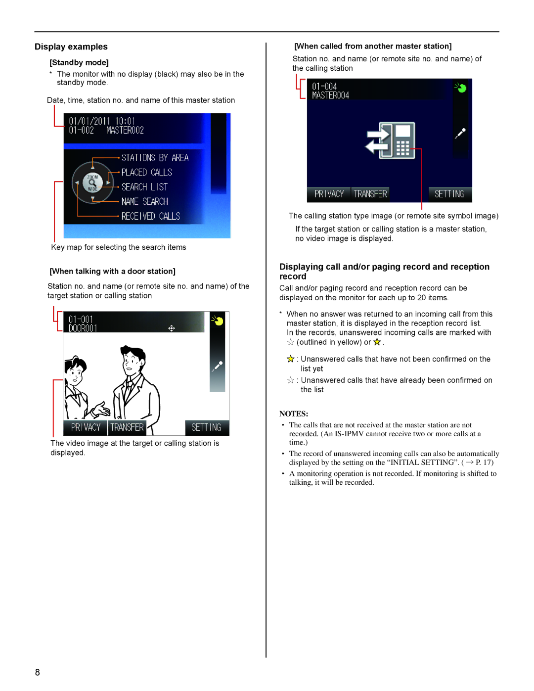 Aiphone FK1629 operation manual Display examples, Displaying call and/or paging record and reception record 