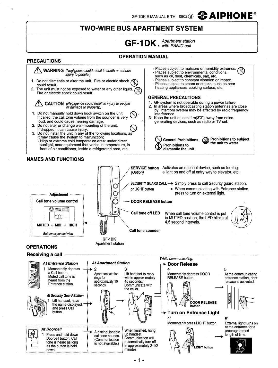 Aiphone GF-1DK operation manual Names and Functions, Operations, Receiving a call, Door Release, Turn on Entrance Light 