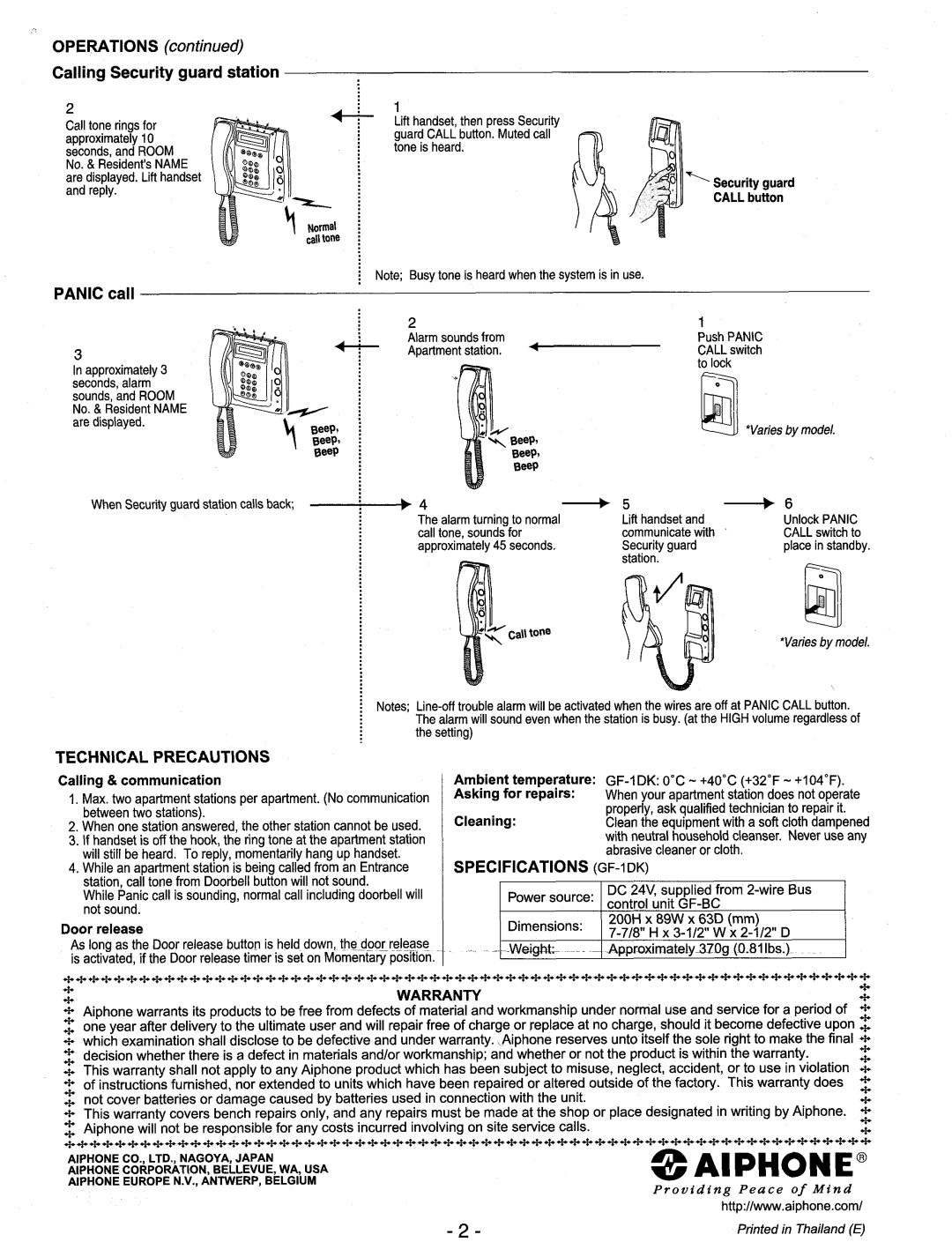 Aiphone Operations Calling Security guard station, Panic call, Specifications GF-1DK, Calling & communication 