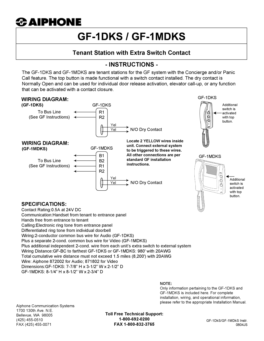 Aiphone GF-1DKS specifications Instructions, Wiring Diagram, Specifications, GF-1MDKSGF-1MDKS 