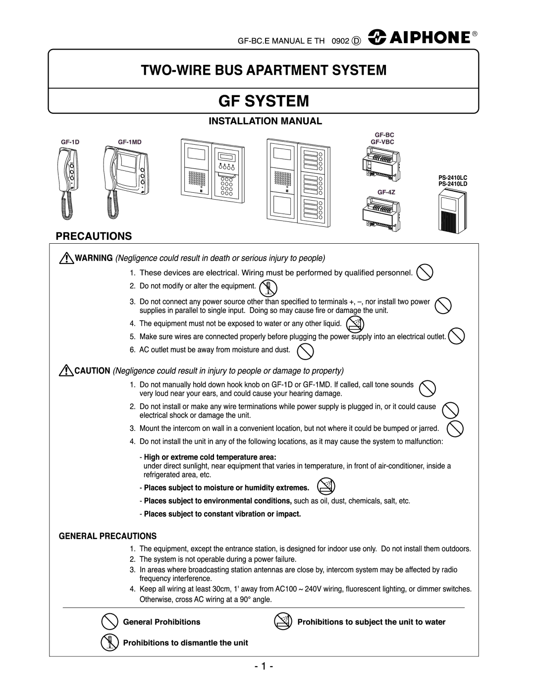 Aiphone GF-1MD, GF-BC, GF-VBC GF-1D manual 