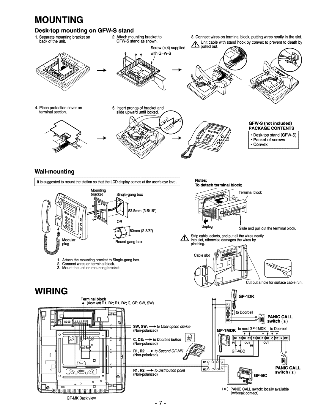 Aiphone GF-MK operation manual Mounting, Desk-top mounting on GFW-S stand, Wall-mounting, GFW-Snot included 