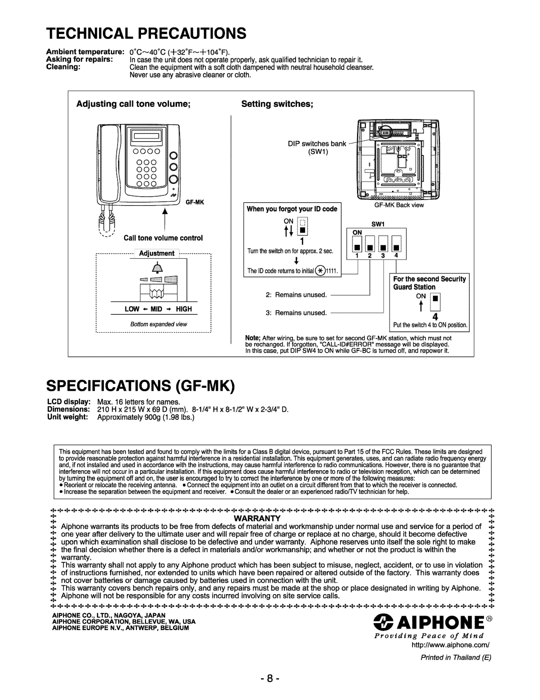 Aiphone GF-MK Technical Precautions, SPECIFICAT10NS GF-IVIK, Adjusting call tone volume, Setting switches, Warranty 