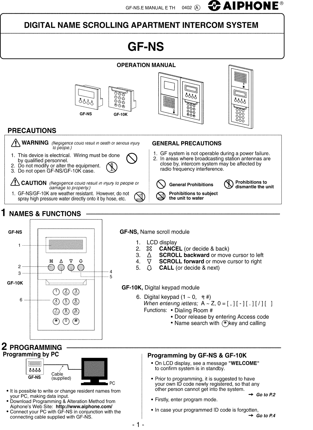 Aiphone GF-10K, GF-NS manual 