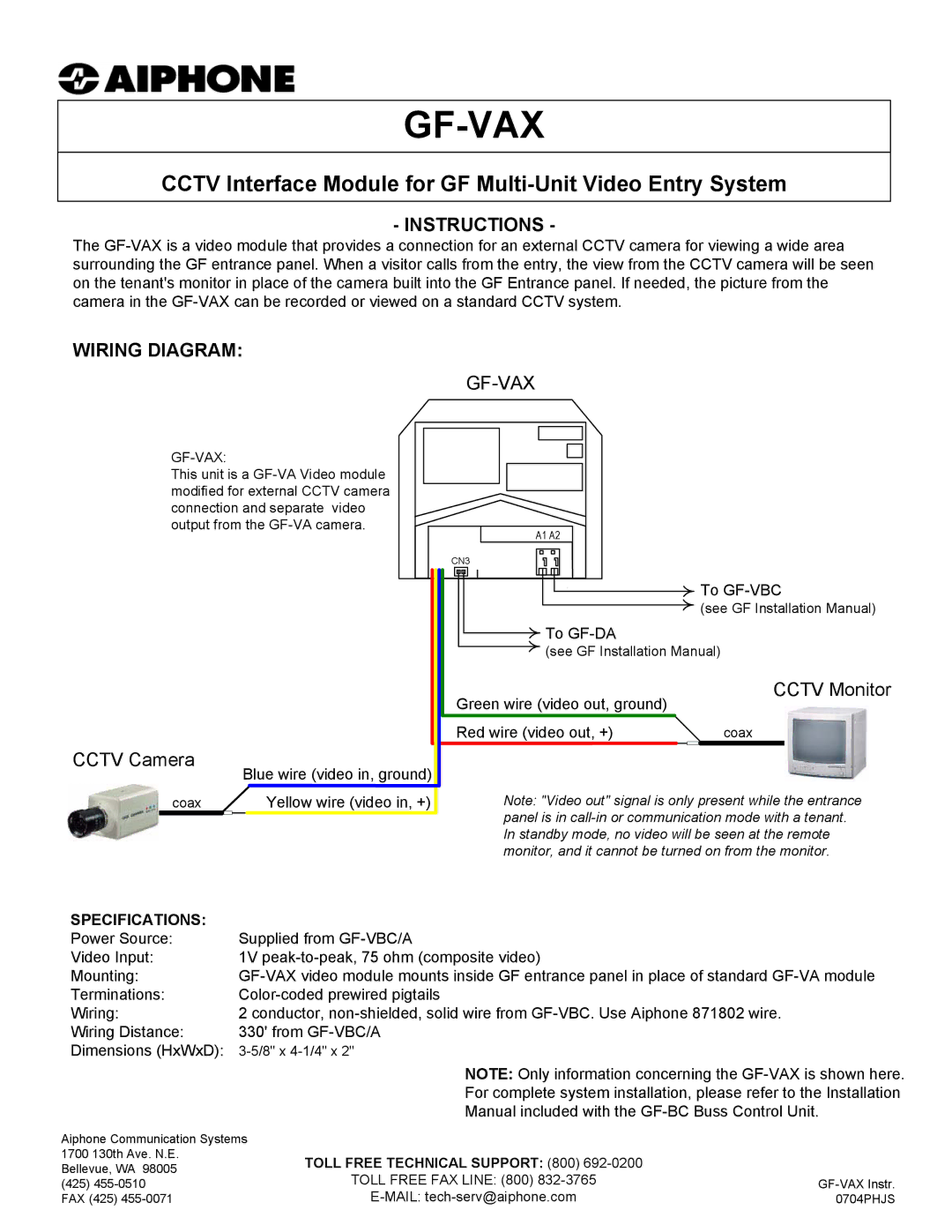 Aiphone GF-VAX specifications Instructions, Wiring Diagram 