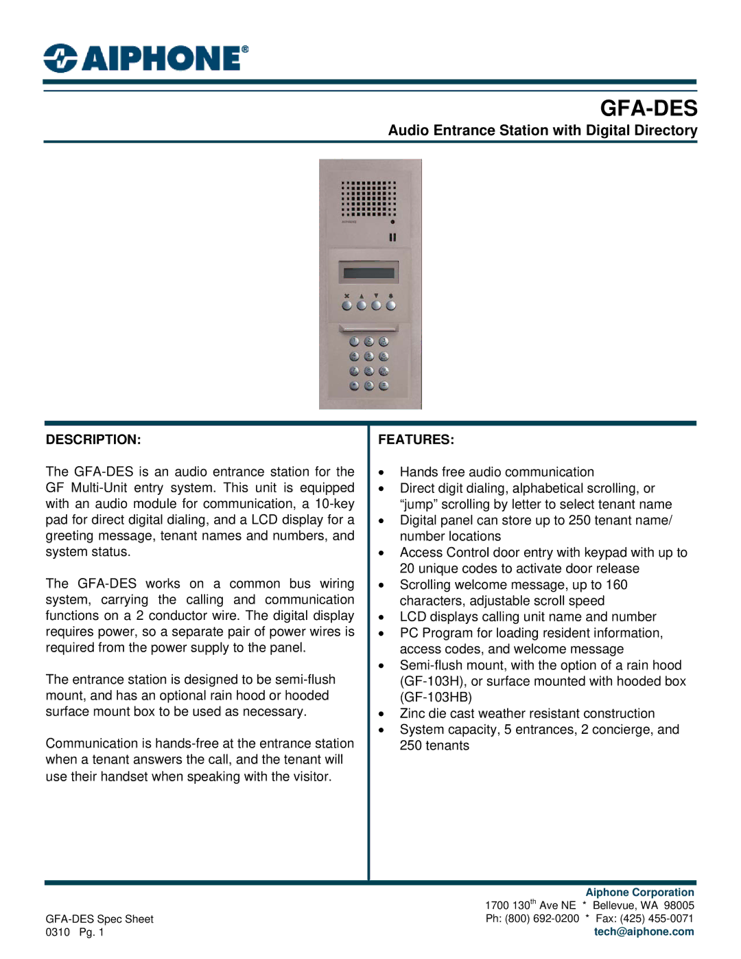 Aiphone GFA-DES manual Gfa-Des, Audio Entrance Station with Digital Directory, Description, Features 