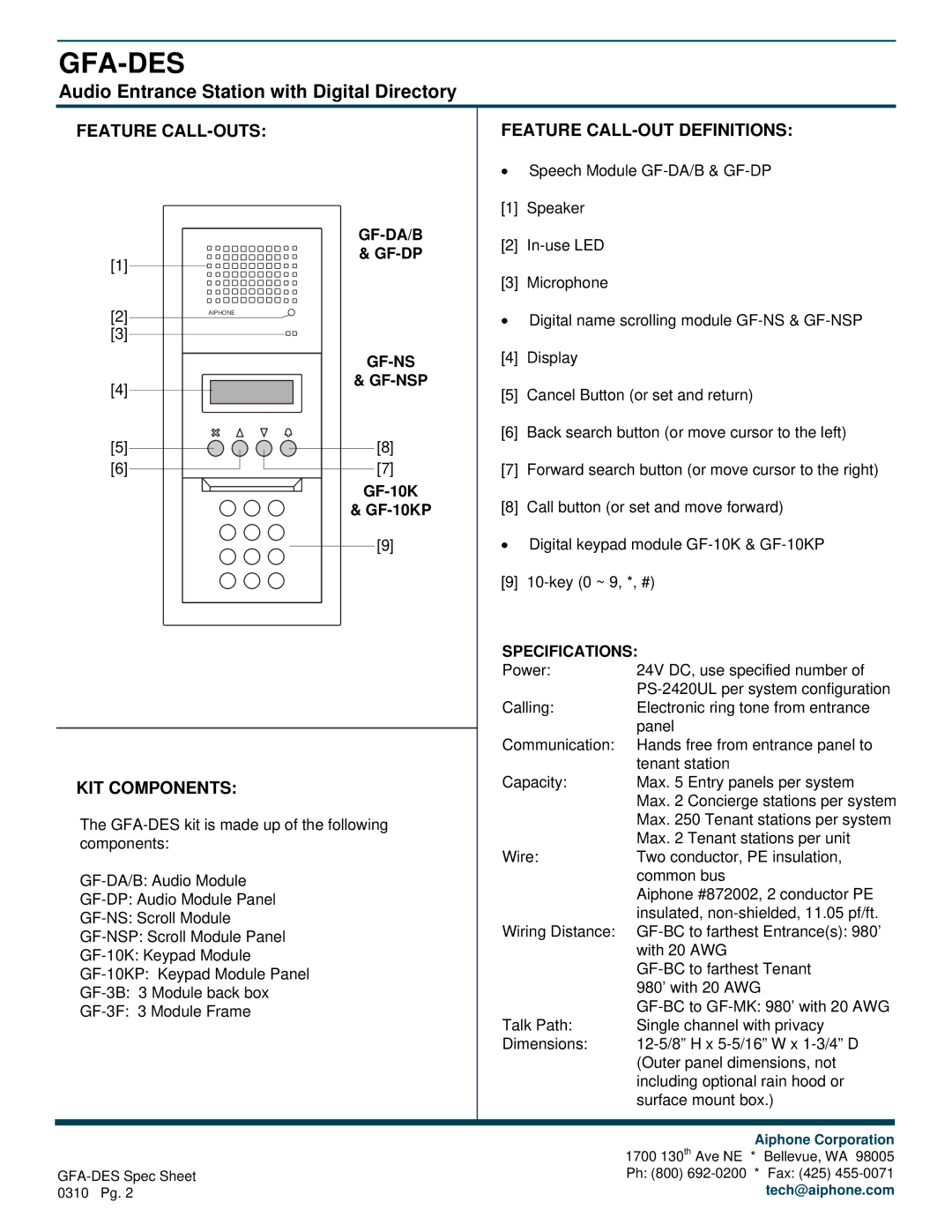 Aiphone GFA-DES manual Feature CALL-OUTS, KIT Components, Feature CALL-OUT Definitions 