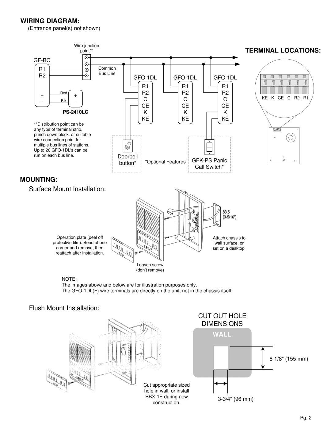 Aiphone GFO-1DL Wiring Diagram, Terminal Locations, Mounting, Surface Mount Installation, Flush Mount Installation 