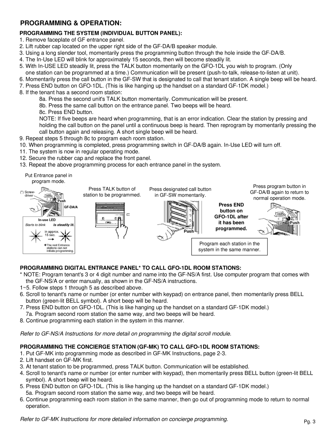 Aiphone GFO-1DLF specifications Programming & Operation, Press END button on GFO-1DL after it has been programmed 