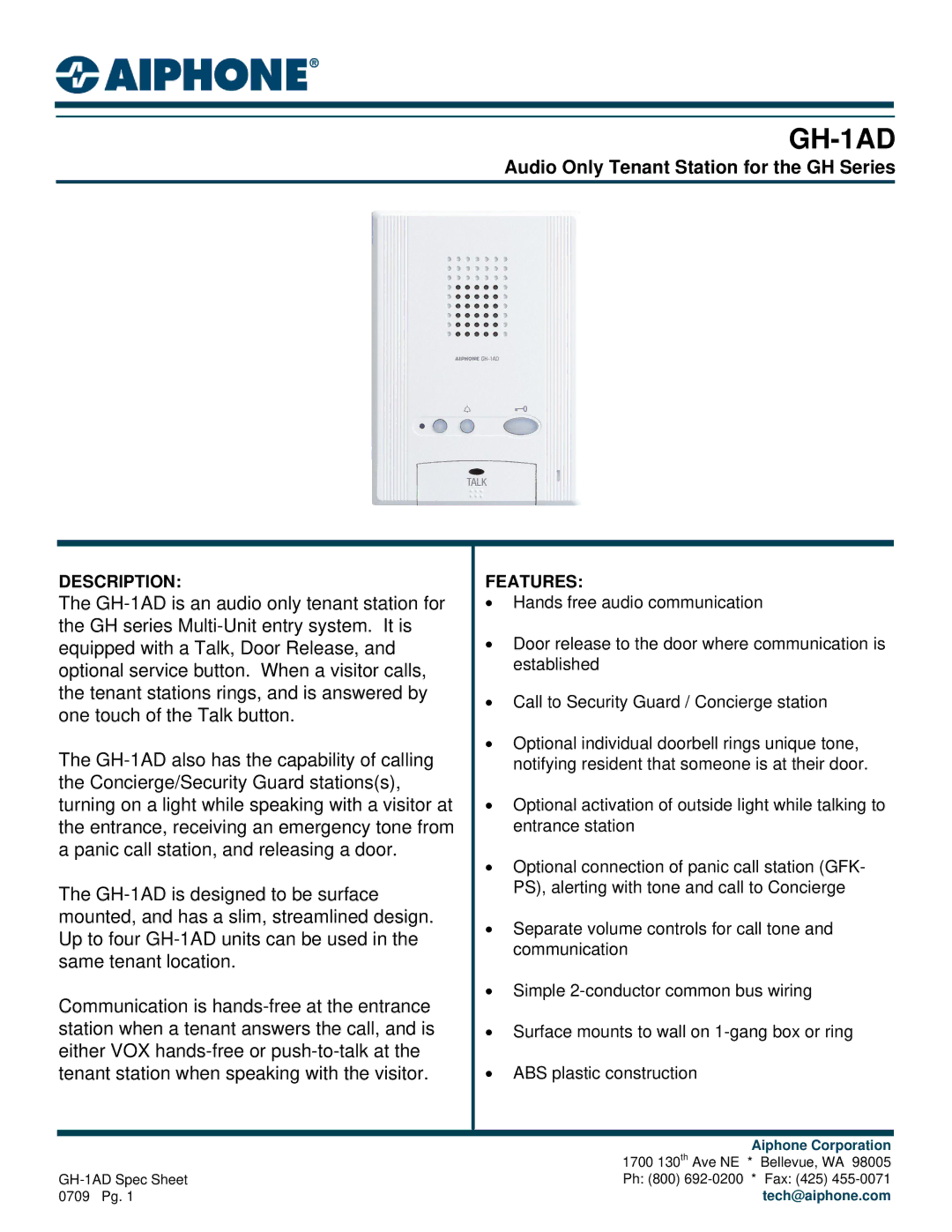 Aiphone GH-1AD manual Audio Only Tenant Station for the GH Series, Description, Features 