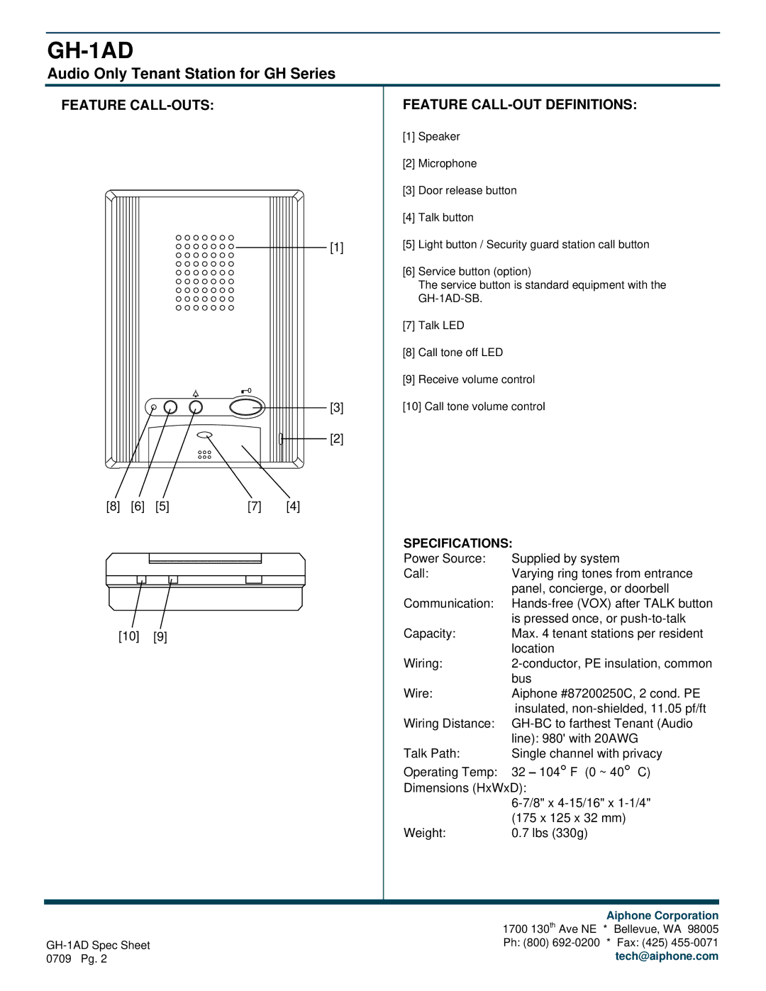 Aiphone GH-1AD Audio Only Tenant Station for GH Series, Feature CALL-OUTS Feature CALL-OUT Definitions, Specifications 