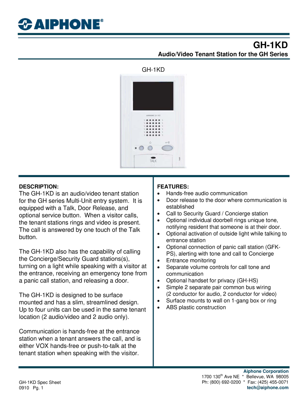 Aiphone GH-1KD manual Audio/Video Tenant Station for the GH Series, Description, Features 