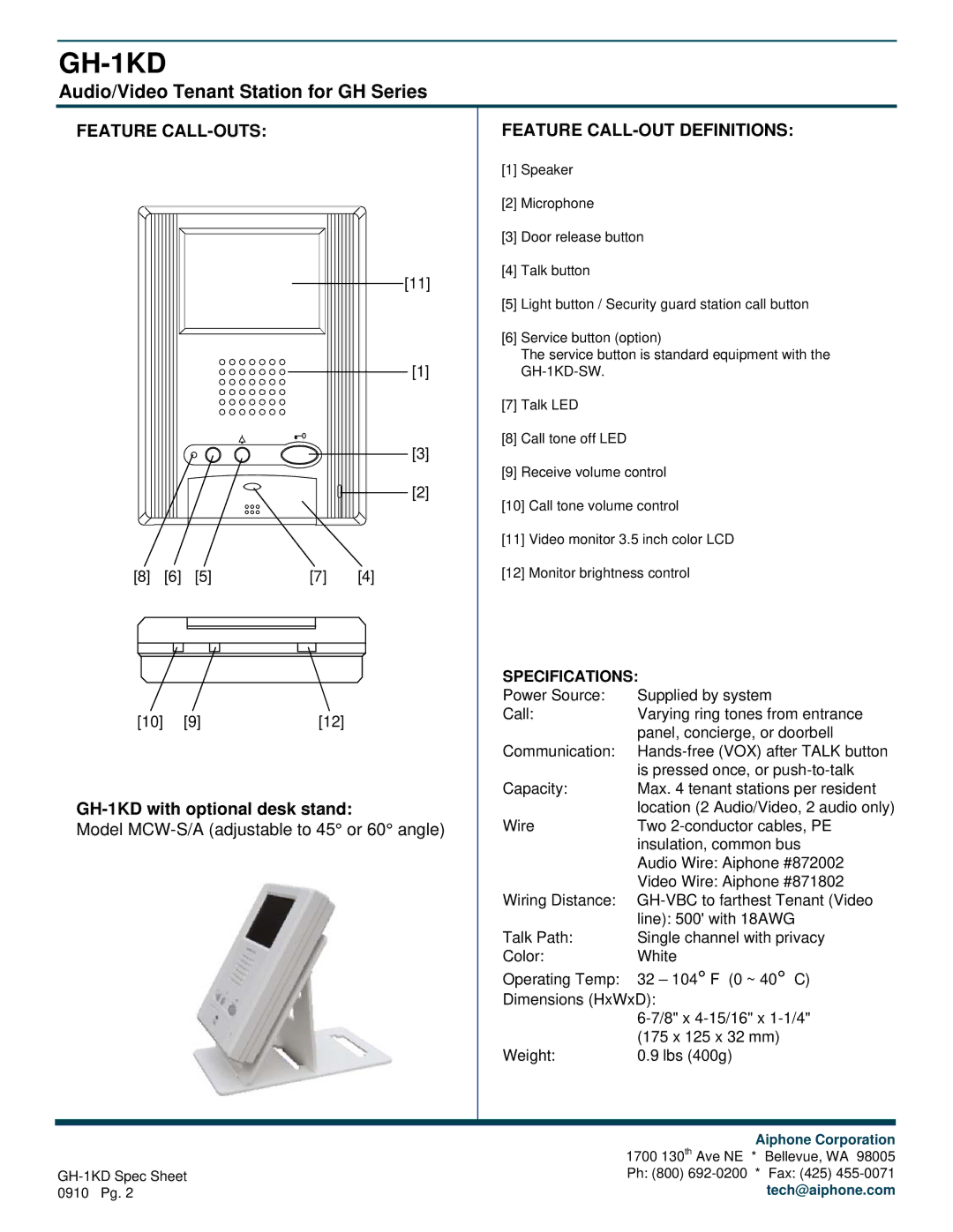 Aiphone GH-1KD Audio/Video Tenant Station for GH Series, Feature CALL-OUTS, Feature CALL-OUT Definitions, Specifications 