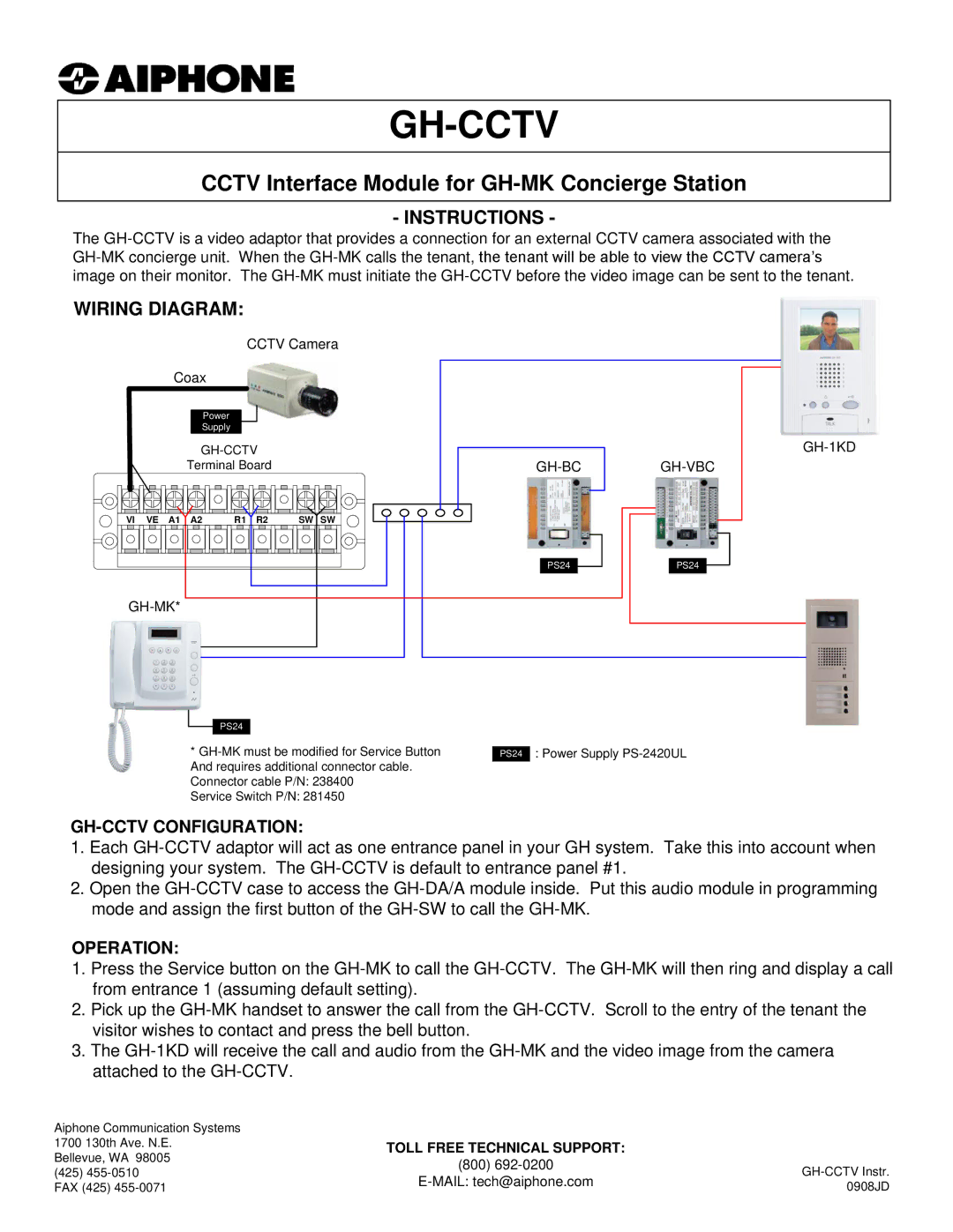 Aiphone GH-CCTV manual Gh-Cctv, Cctv Interface Module for GH-MK Concierge Station, Instructions, Wiring Diagram 