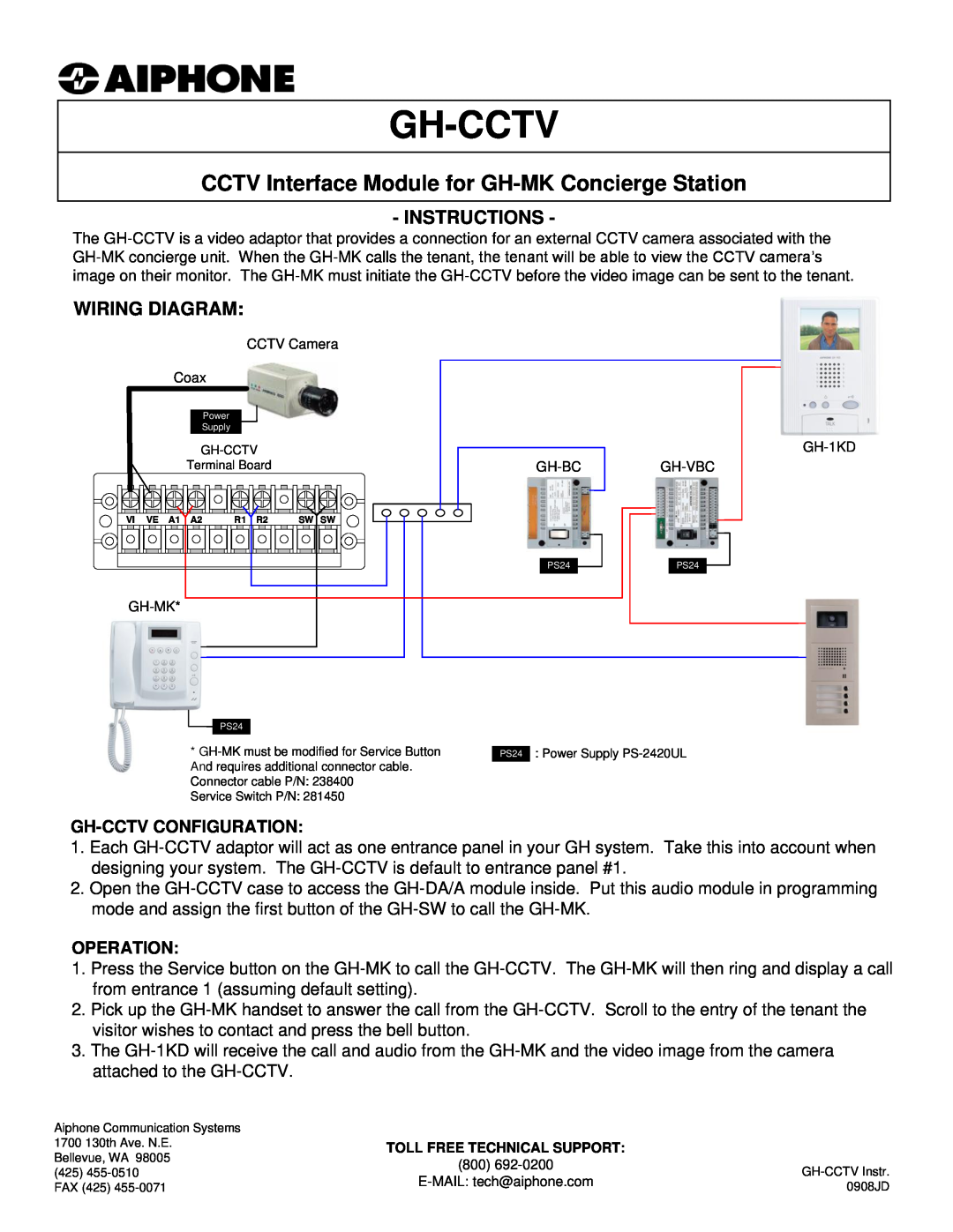 Aiphone GH-CCTV manual Gh-Cctv, CCTV Interface Module for GH-MK Concierge Station, Instructions, Wiring Diagram, Operation 