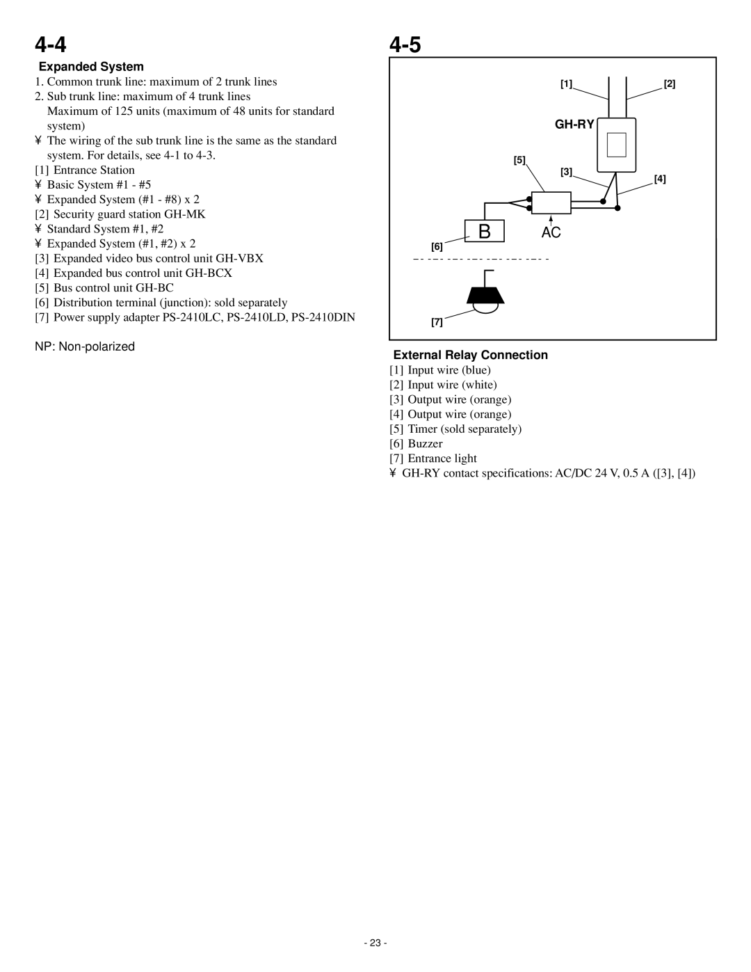 Aiphone GH series operation manual Expanded System, External Relay Connection 