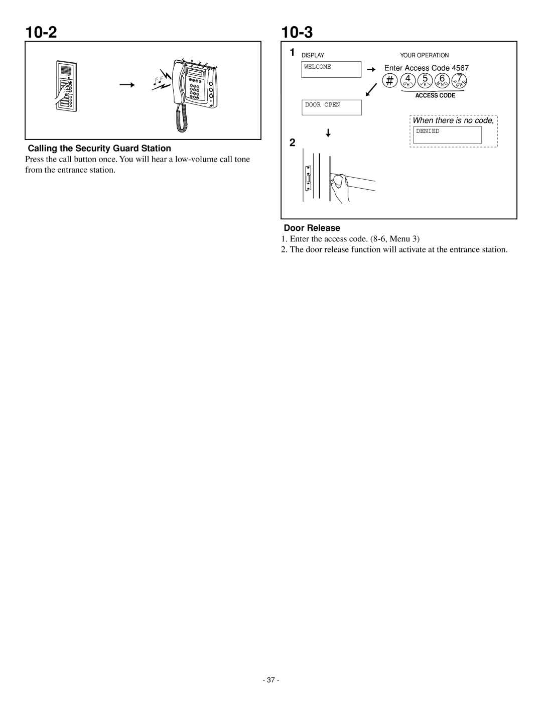 Aiphone GH series operation manual 10-2, 10-3, Calling the Security Guard Station, Door Release 