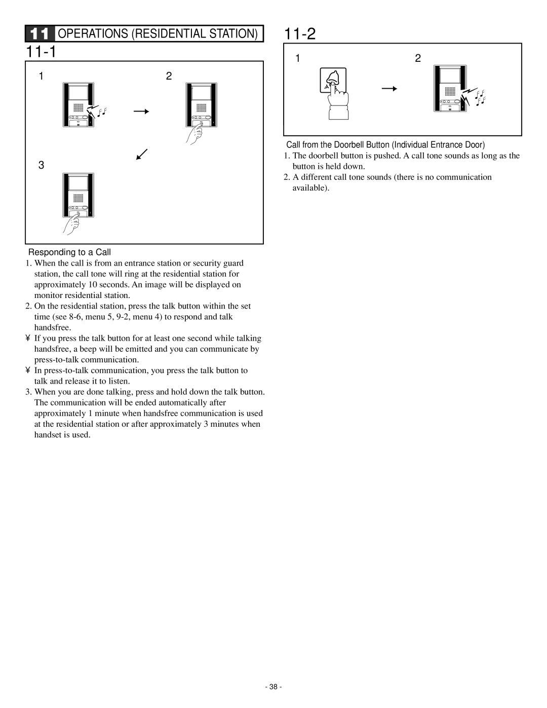 Aiphone GH series operation manual 11-1 11-2, Responding to a Call, Call from the Doorbell Button Individual Entrance Door 