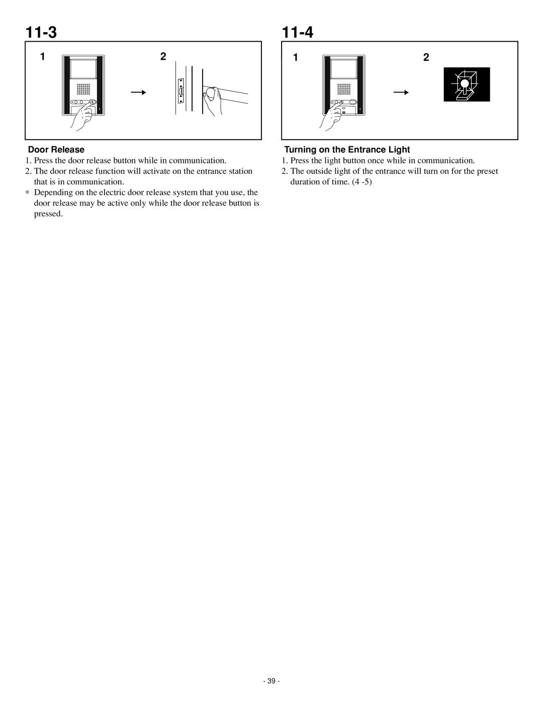 Aiphone GH series operation manual 11-3, 11-4, Turning on the Entrance Light 