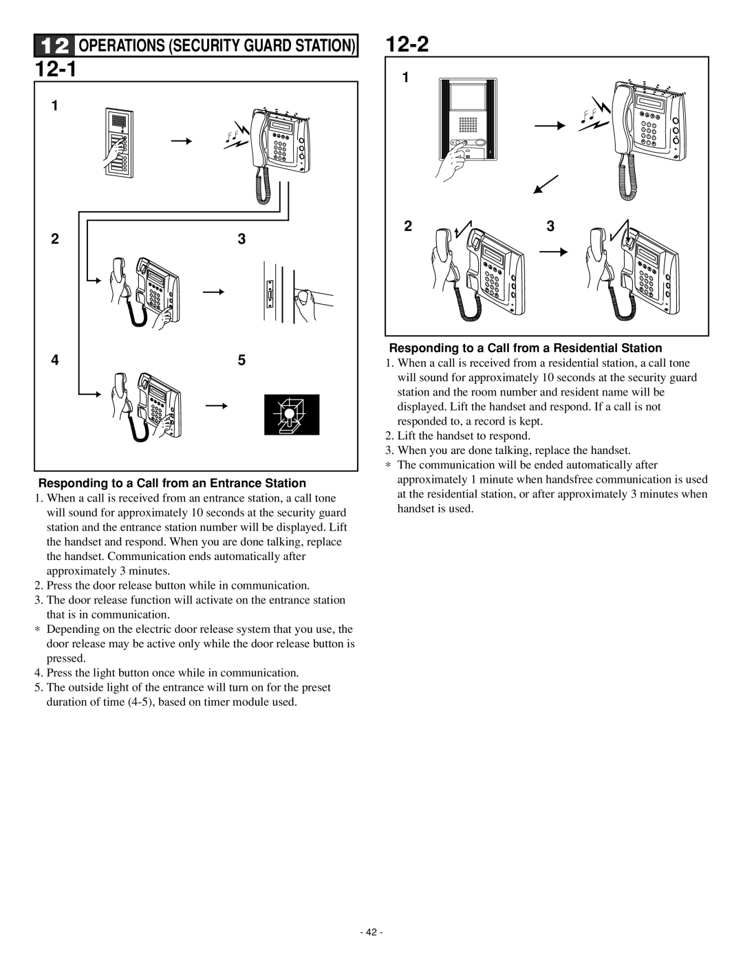 Aiphone GH series operation manual 12-1, 12-2, Responding to a Call from an Entrance Station 