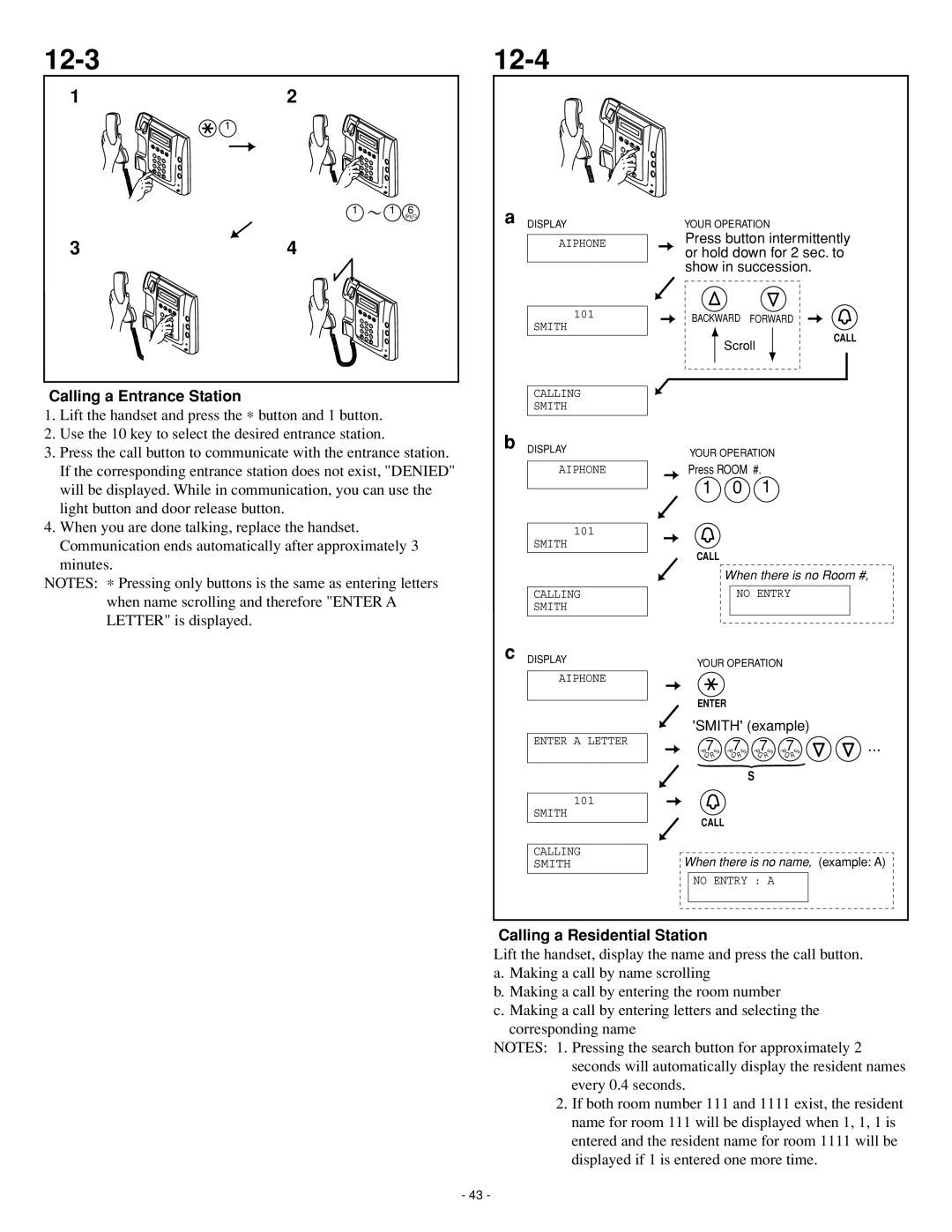 Aiphone GH series operation manual 12-3 12-4, Calling a Entrance Station 