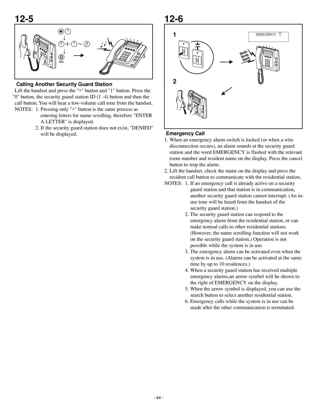 Aiphone GH series operation manual 12-5, 12-6, Calling Another Security Guard Station, Emergency Call 