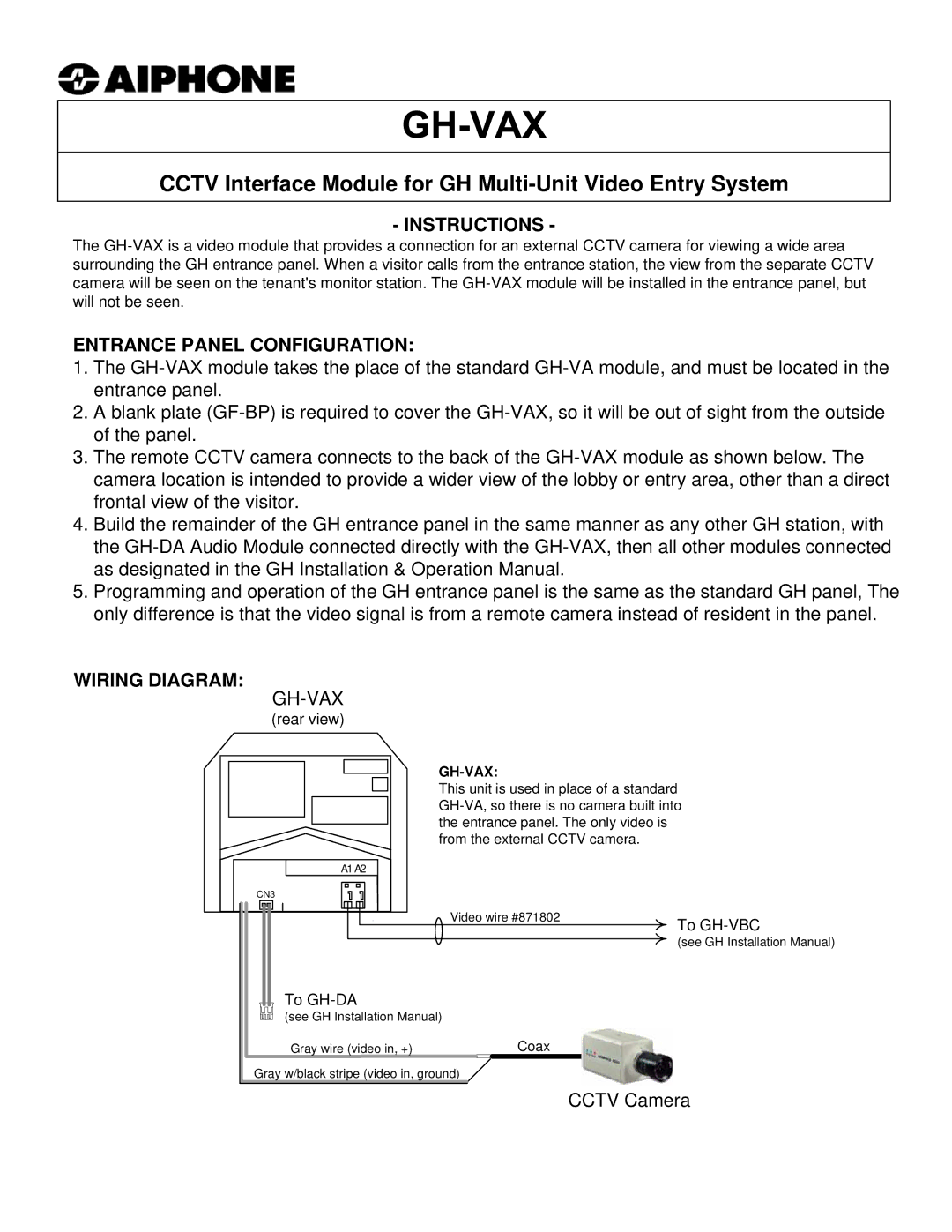 Aiphone GH-VAX installation manual Instructions, Entrance Panel Configuration, Wiring Diagram 