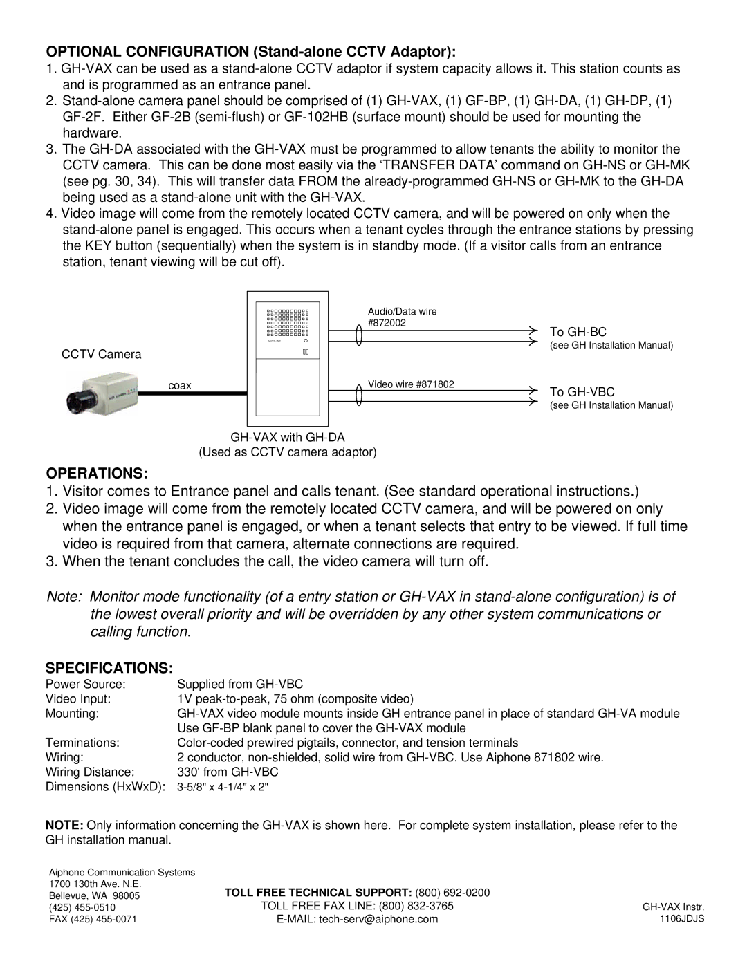 Aiphone Operations, Specifications, Cctv Camera, To GH-BC, GH-VAX with GH-DA Used as Cctv camera adaptor 