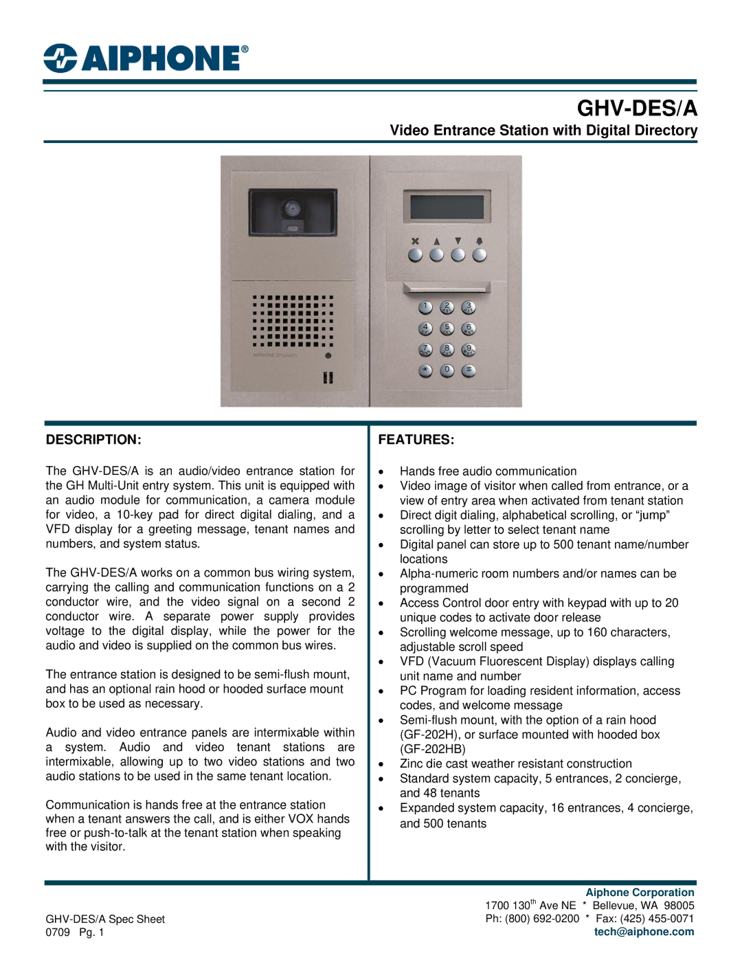 Aiphone GHV-DES/A manual Ghv-Des/A, Video Entrance Station with Digital Directory, Description, Features 